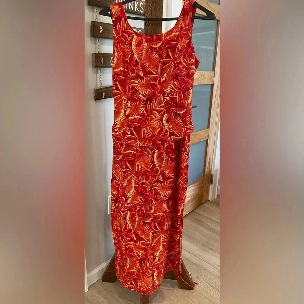Miss Scarlet Tropical Hawaiian Cruise Y2K‎ Sleeveless Slit Maxi Dress 10p EUC
